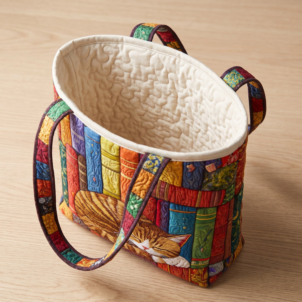 Vintage Library Cat Quilted Tote Bag