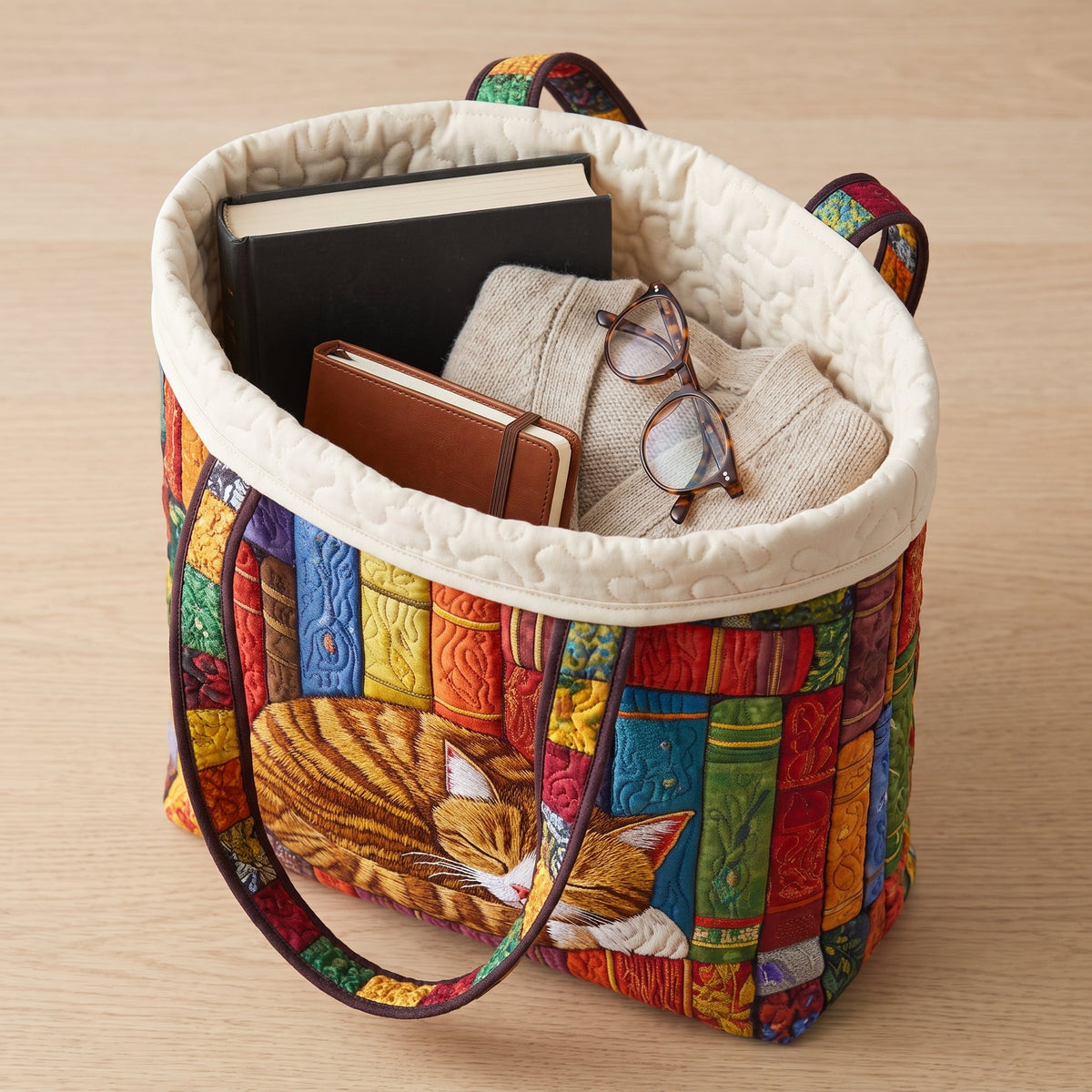 Vintage Library Cat Quilted Tote Bag