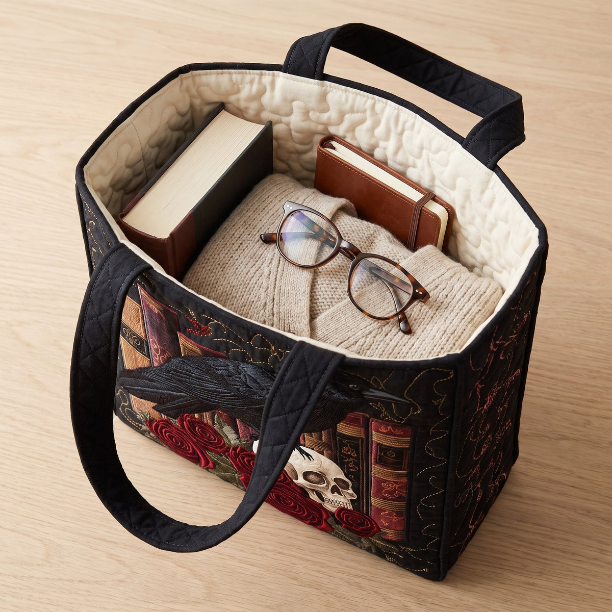 Mystic Raven Book Quilted Tote Bag