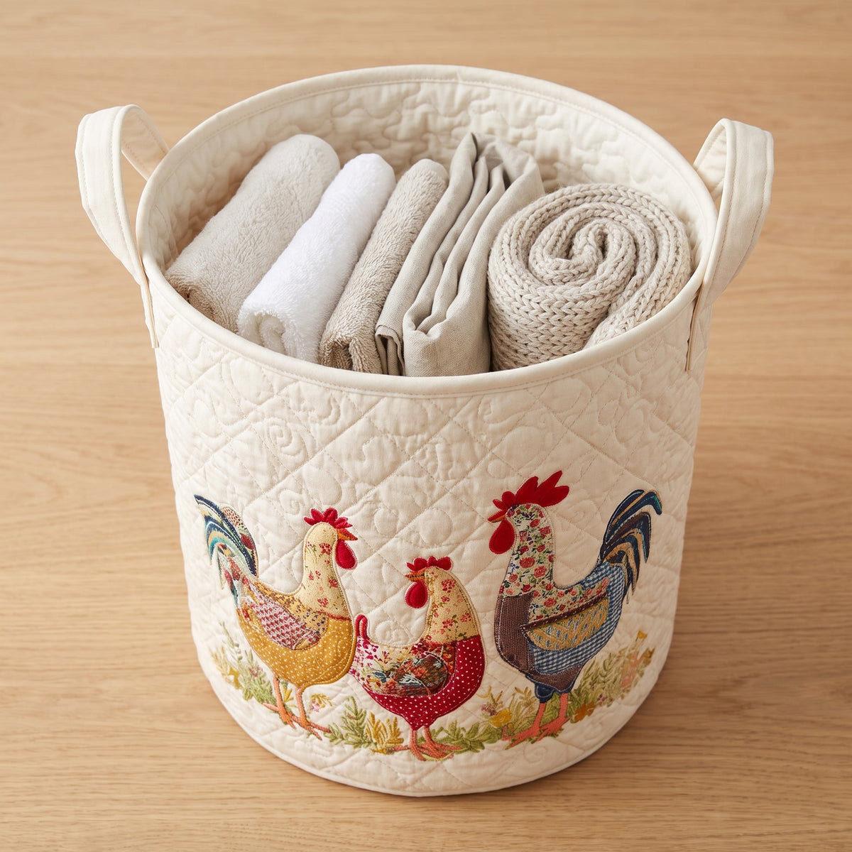 Cheerful Chicken Coop Quilted Laundry Basket