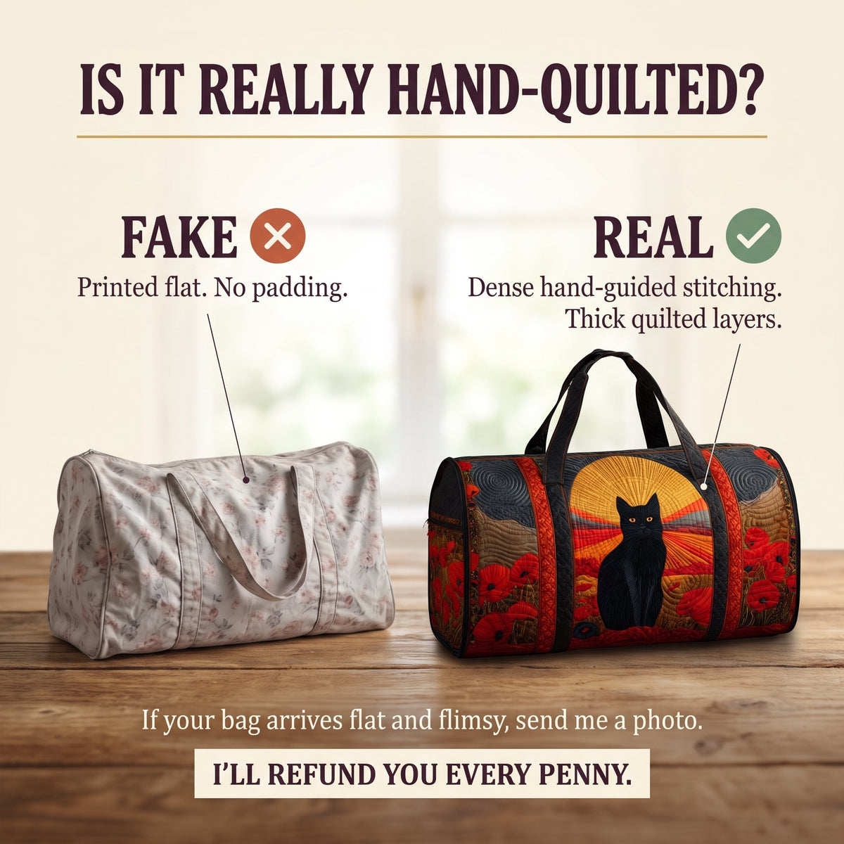 Sunset Cat Quilted Duffle Bag