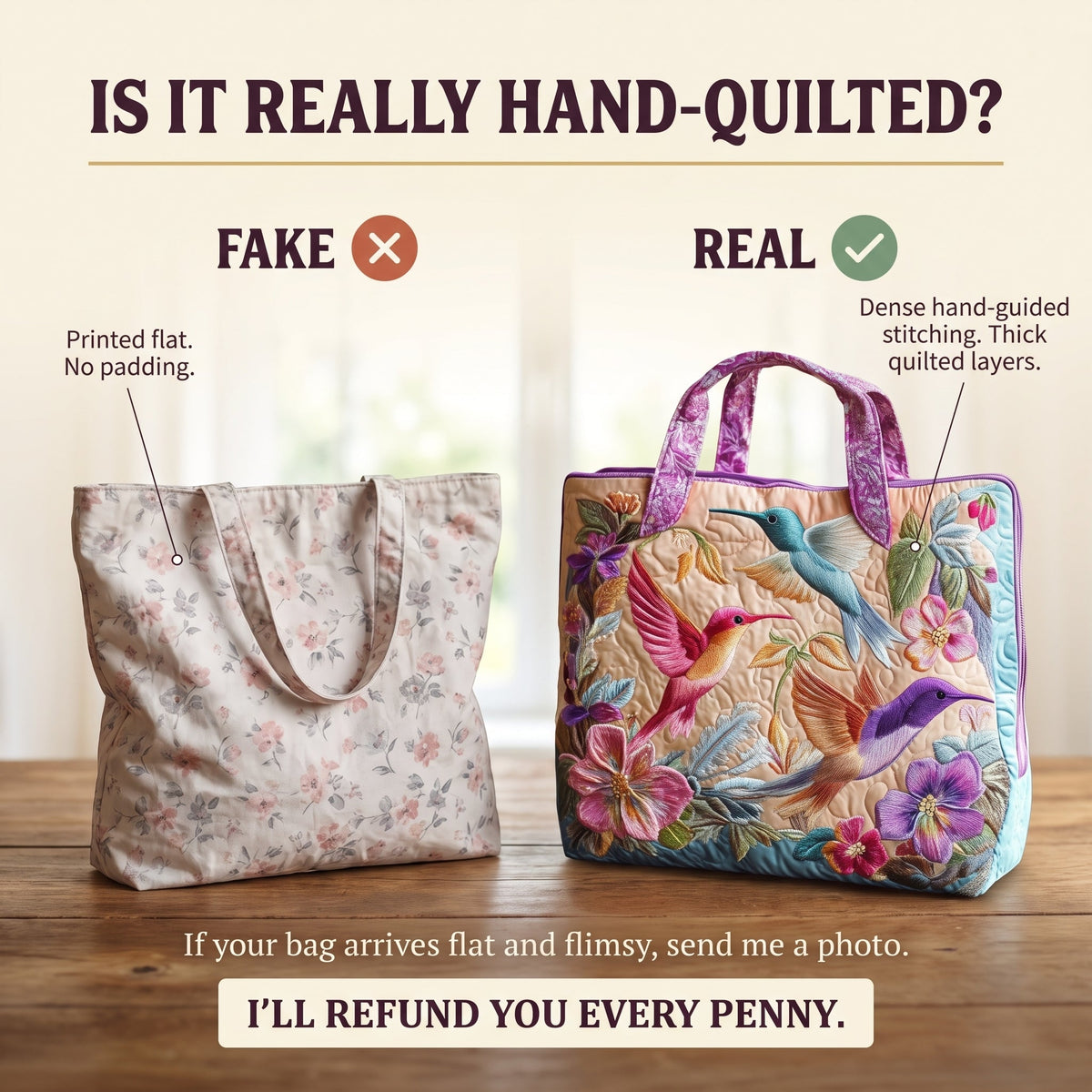 Hummingbird Flower Quilted Tote Bag