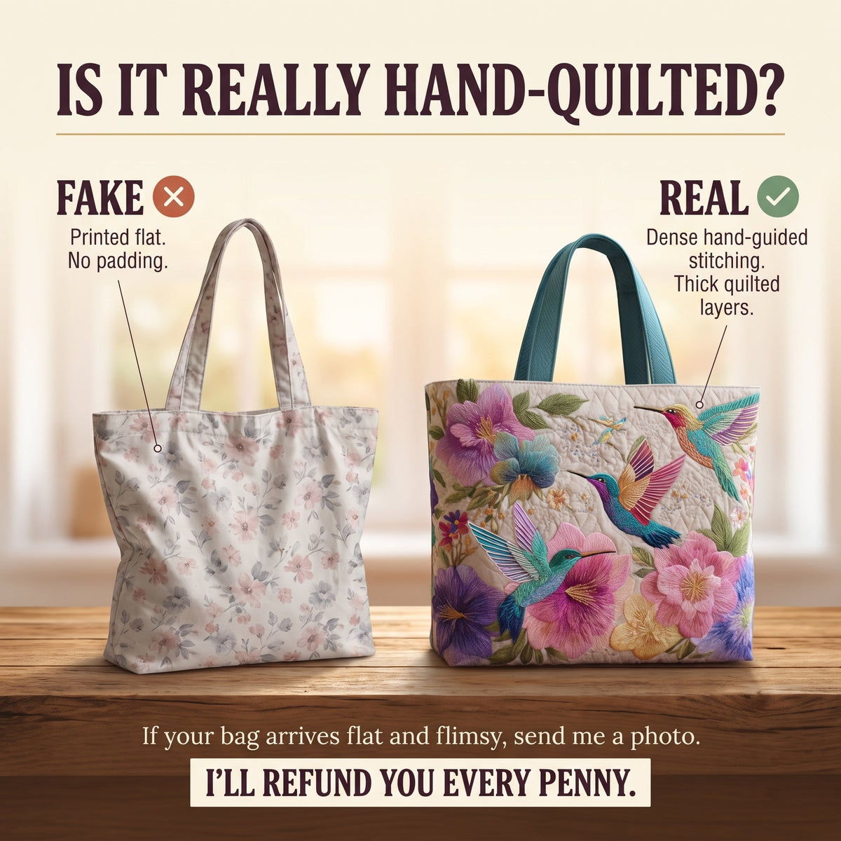 Hummingbird Garden Bloom Quilted Tote Bag
