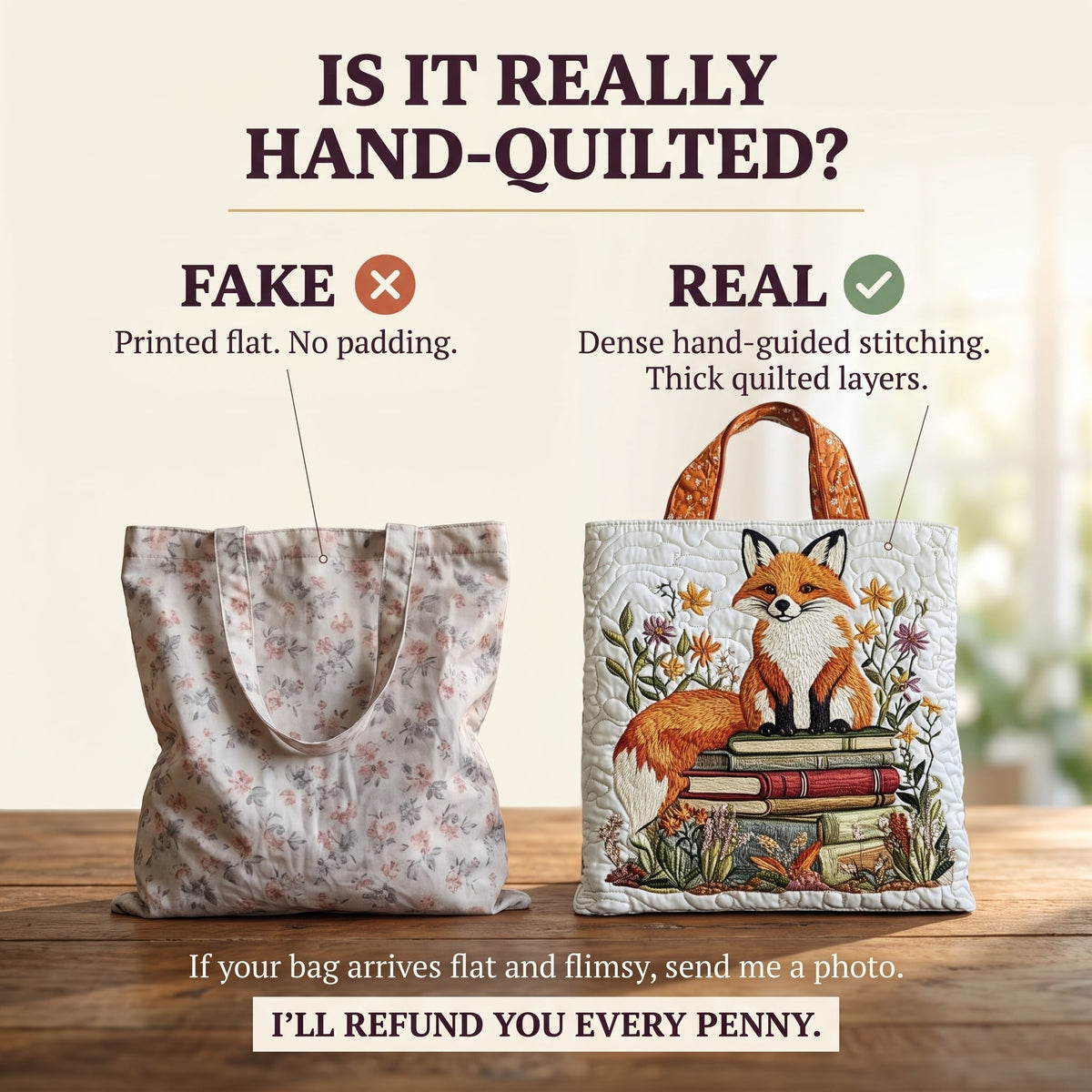 Bookish Fox Quilted Tote Bag