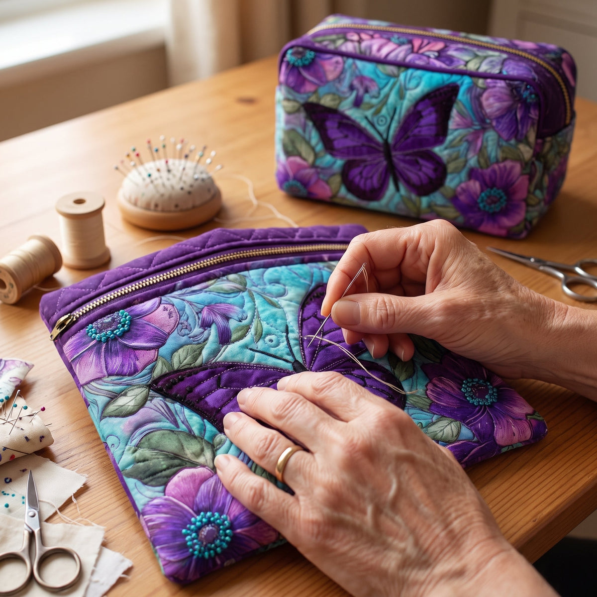 Butterfly Bloom Quilted Makeup Bag