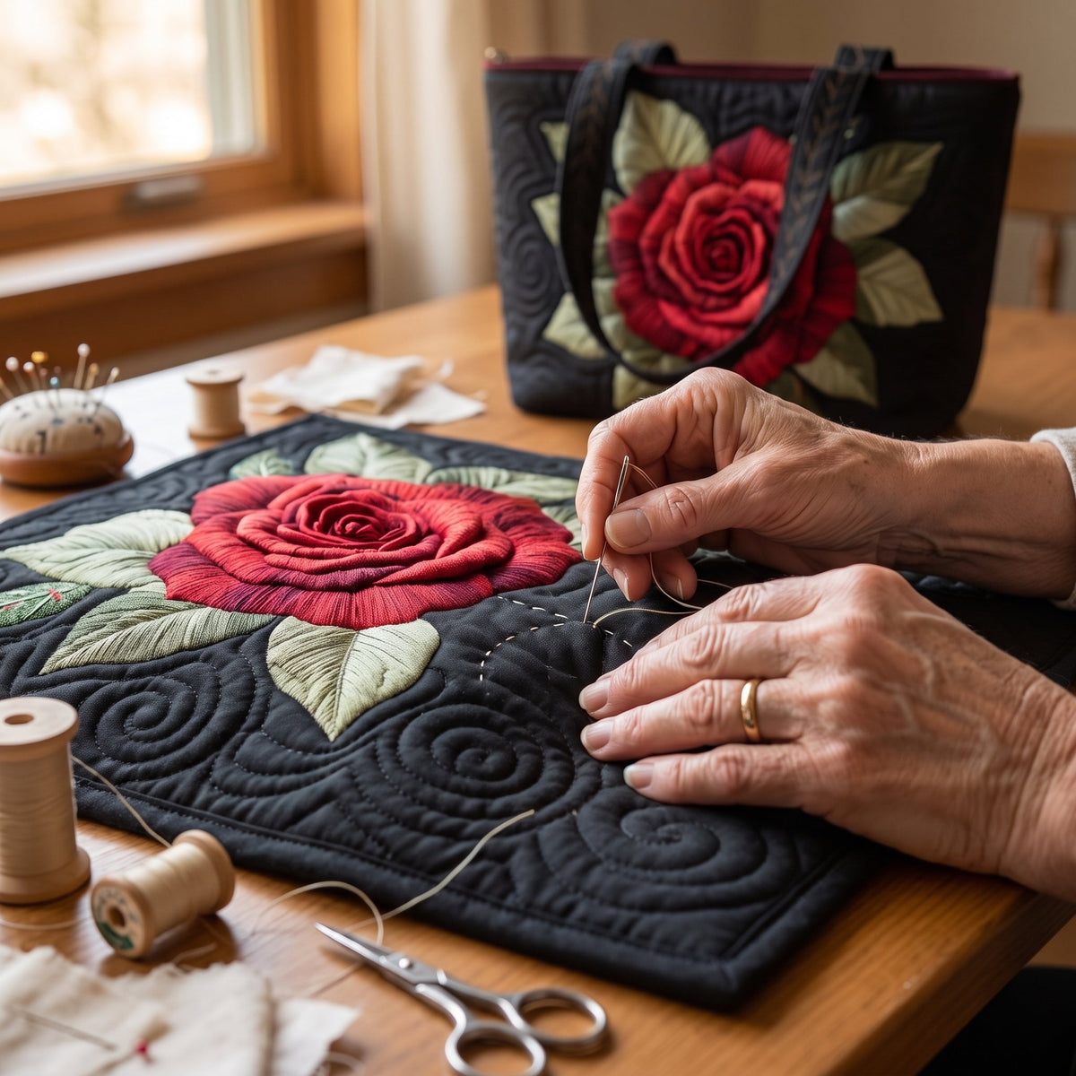 Elegant Rose Quilted Tote Bag