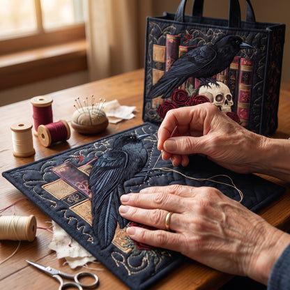 Mystic Raven Book Quilted Tote Bag