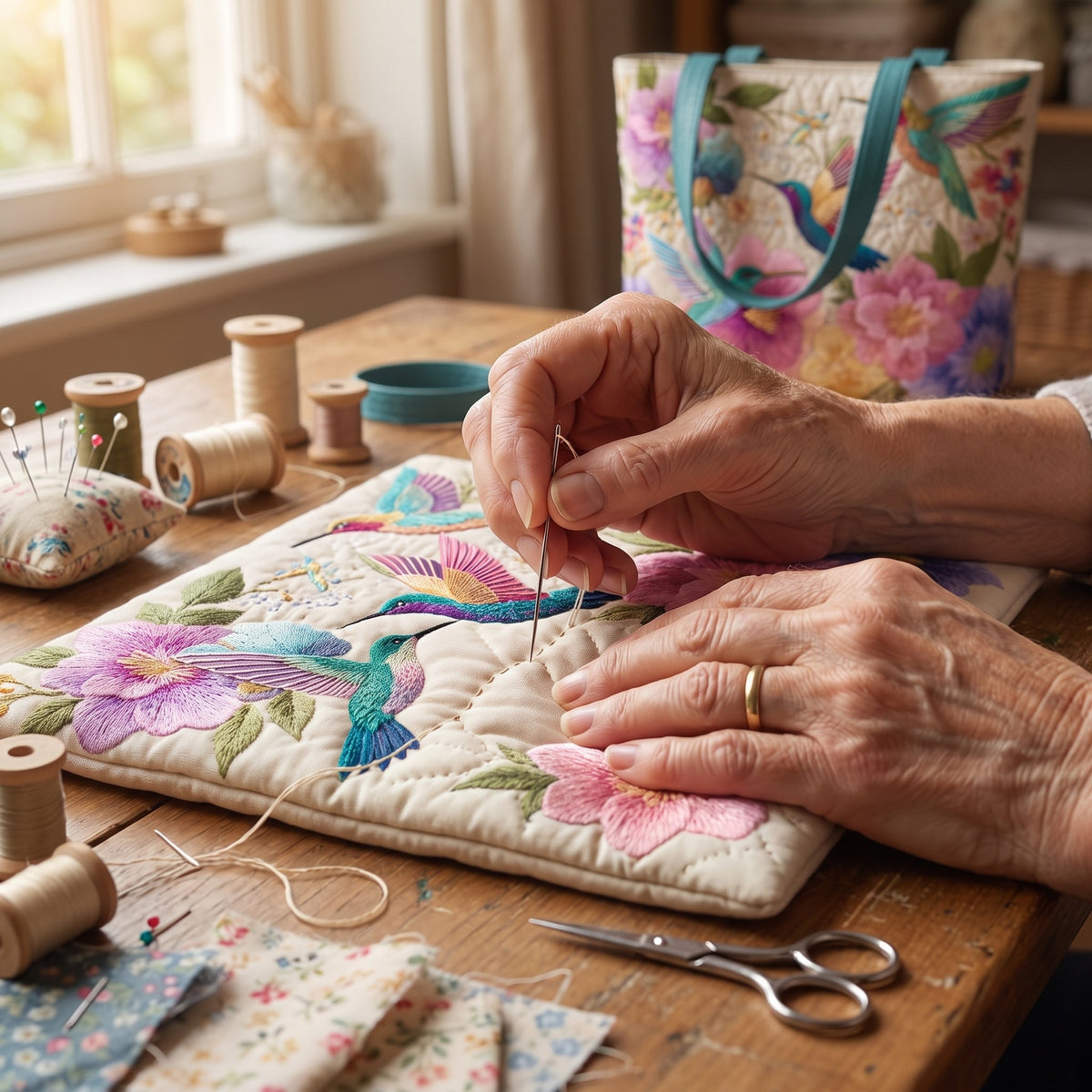 Hummingbird Garden Bloom Quilted Tote Bag