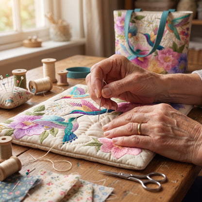 Hummingbird Garden Bloom Quilted Tote Bag