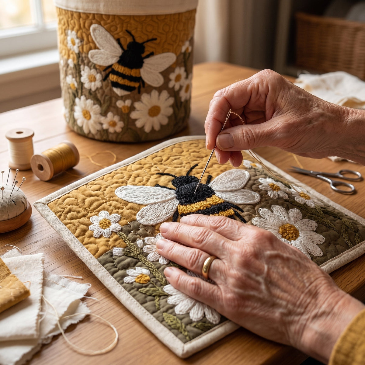 Daisy & Bee Quilted Laundry Basket