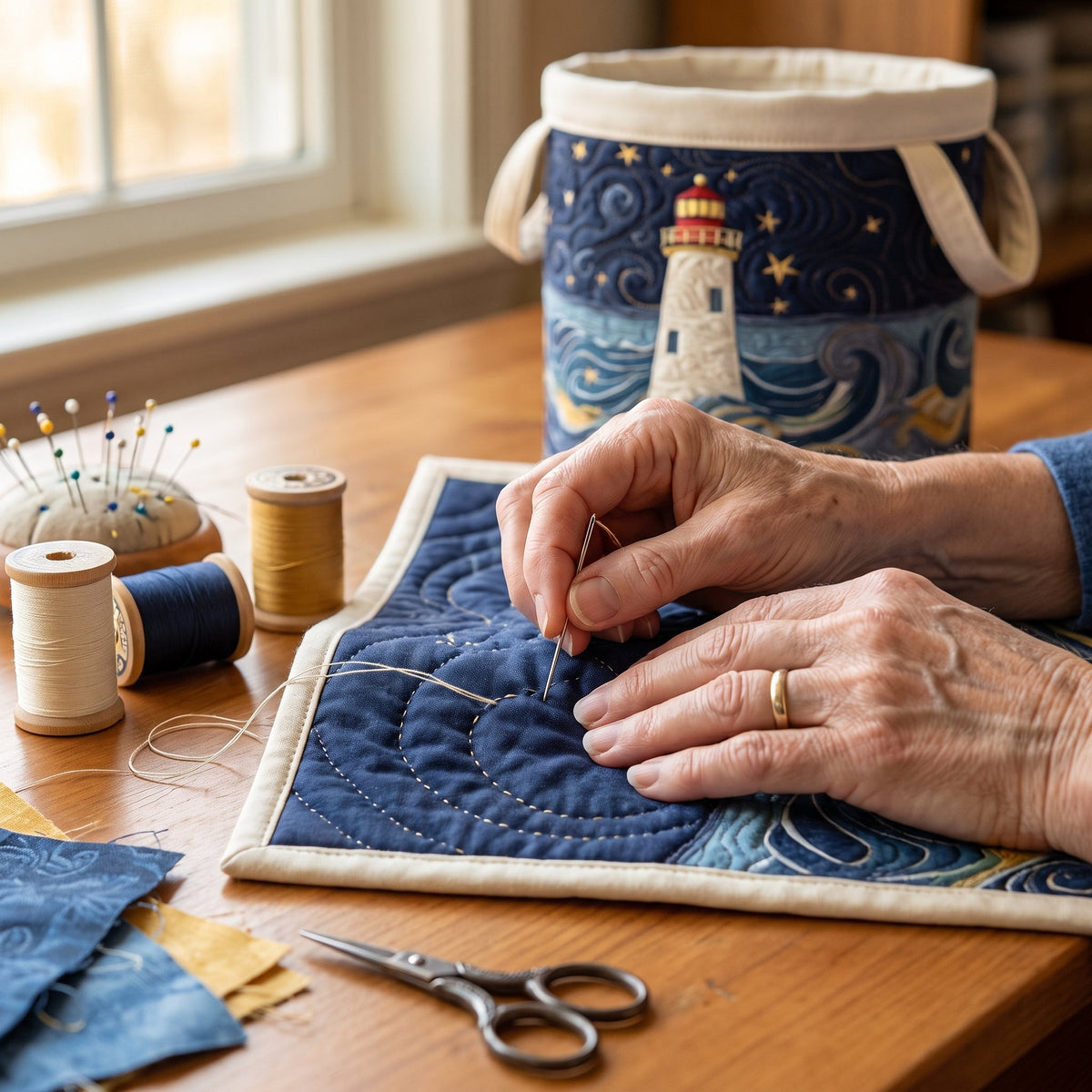 Lighthouse at Dusk Quilted Laundry Basket