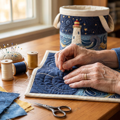 Lighthouse at Dusk Quilted Laundry Basket