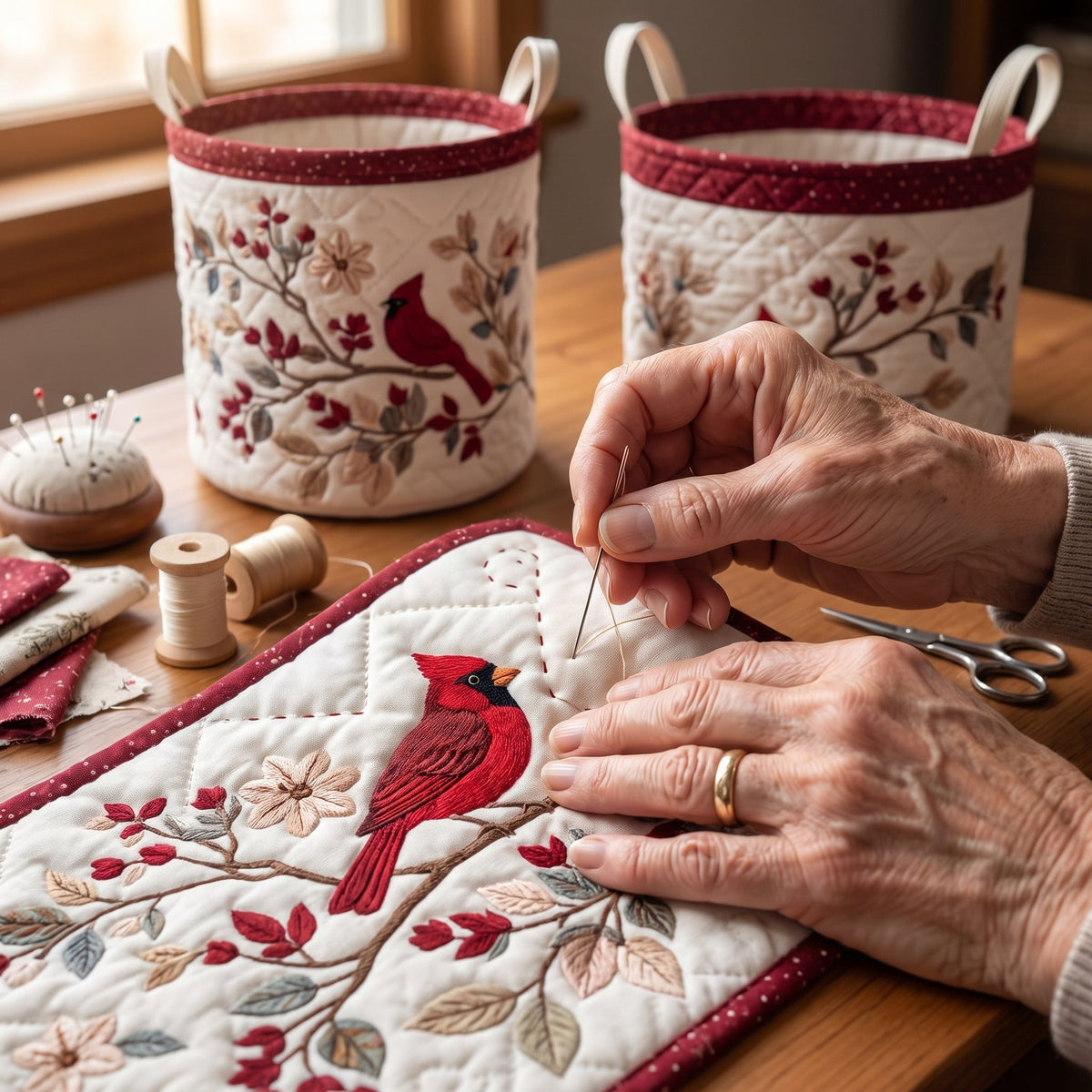 Carmine Leaves Quilted Laundry Basket
