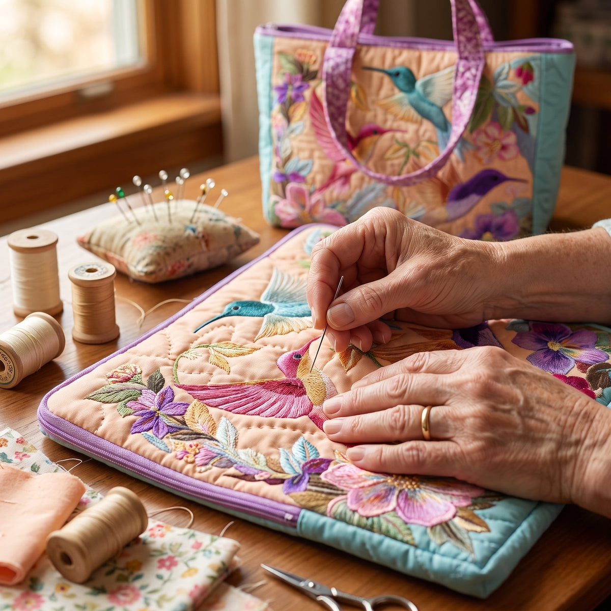 Hummingbird Flower Quilted Tote Bag