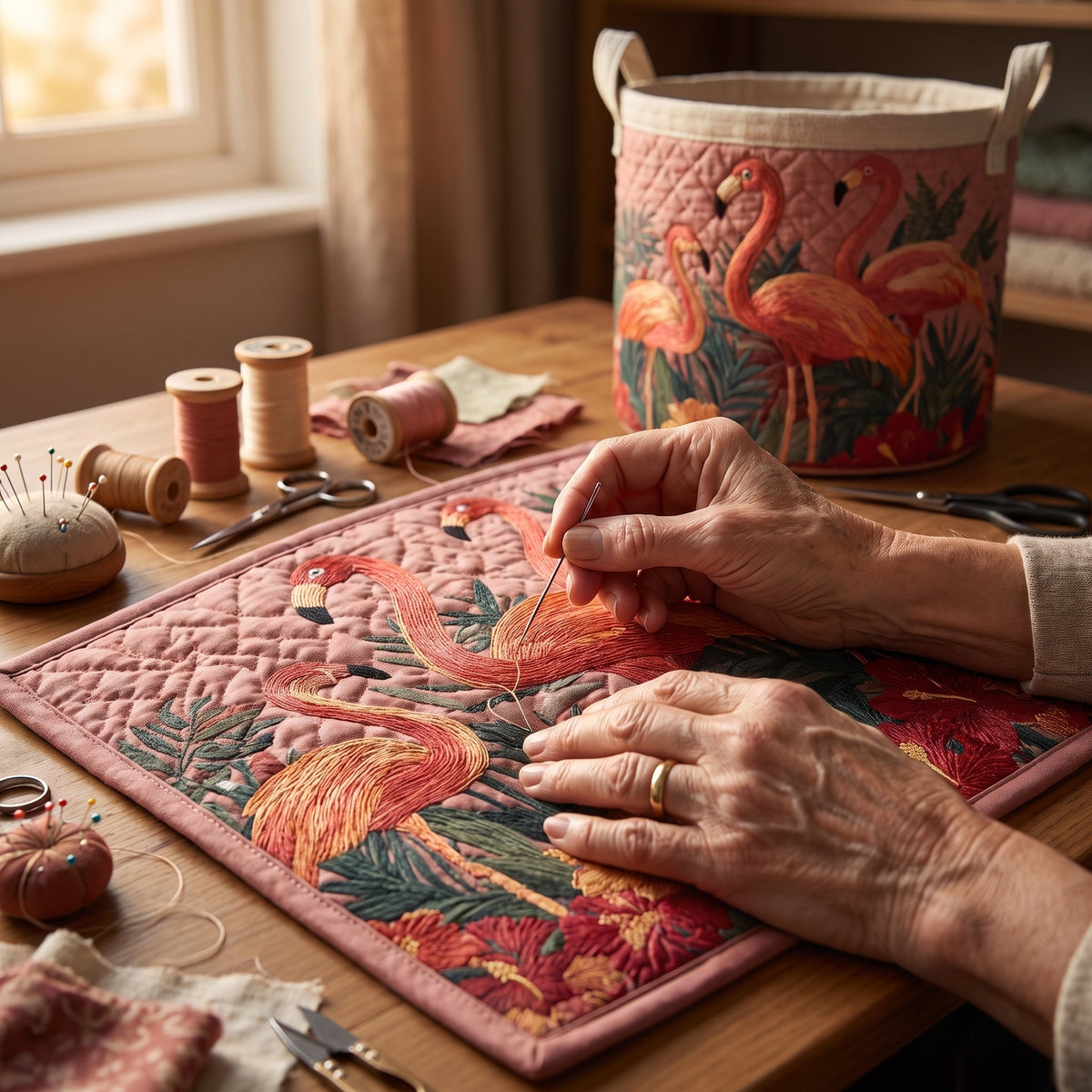 Flamingos in the Sun Quilted Laundry Basket