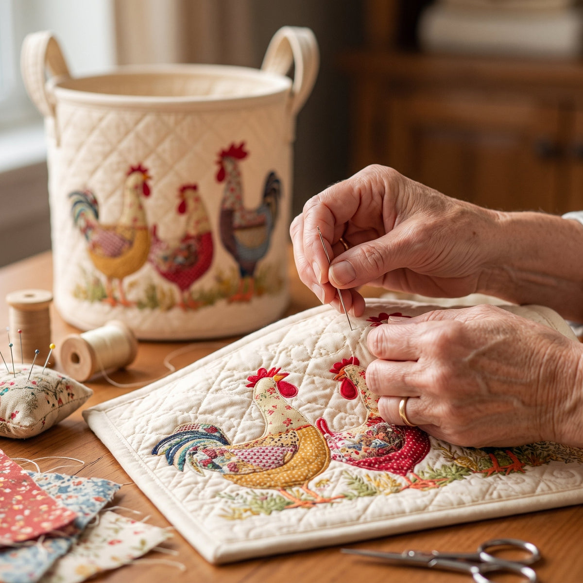 Cheerful Chicken Coop Quilted Laundry Basket