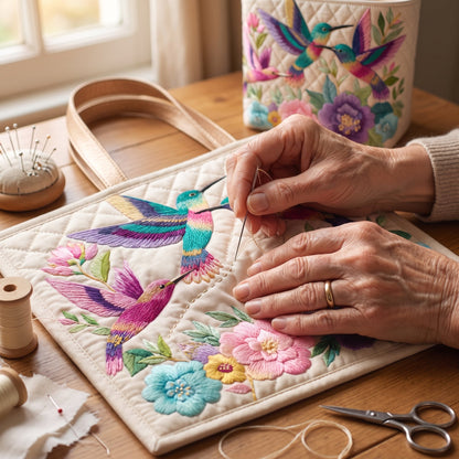 Hummingbird Flower Garden Quilted Tote Bag