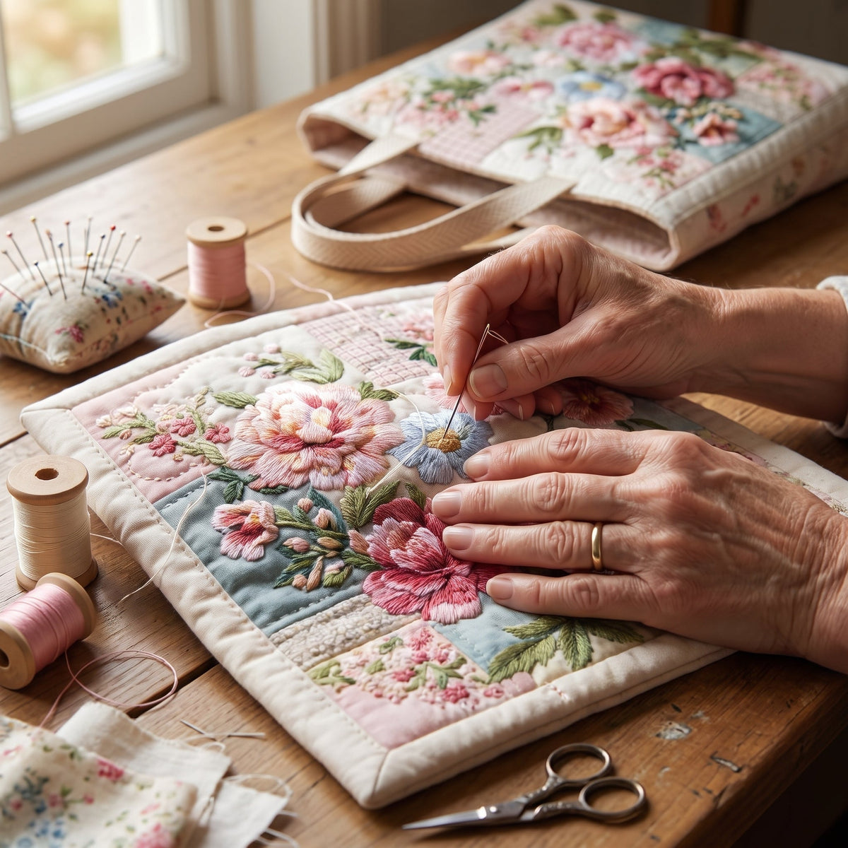 Blooming Flower Quilted Tote Bag