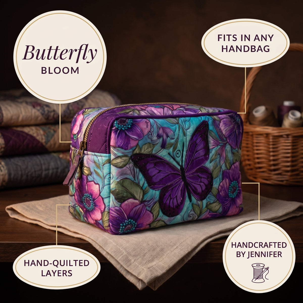 Butterfly Bloom Quilted Makeup Bag