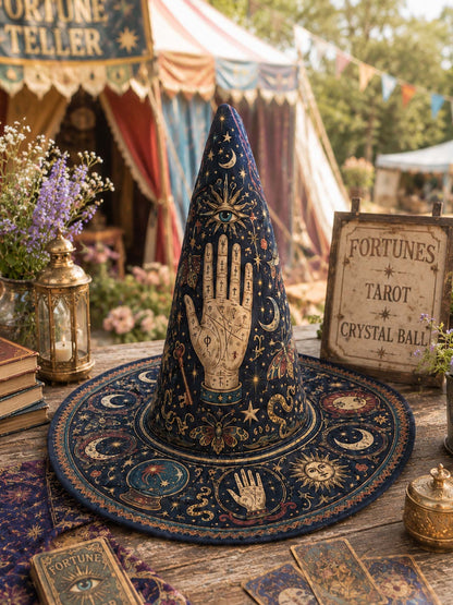Handgemaakte gewatteerde heksenhoed – Mystieke tarot en sterren