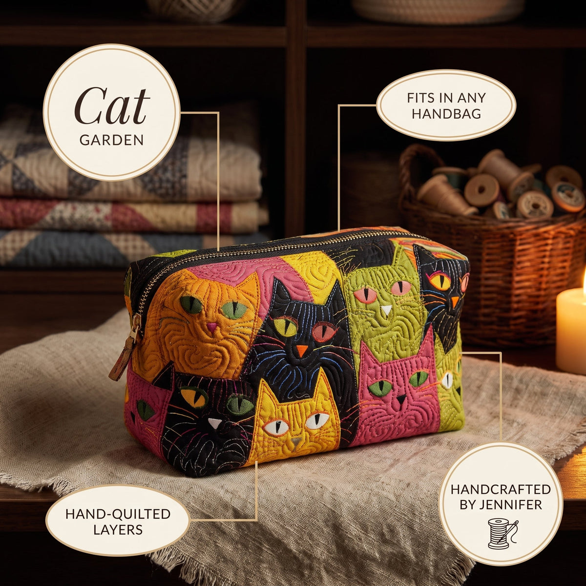 Cat Garden Quilted Makeup Bag