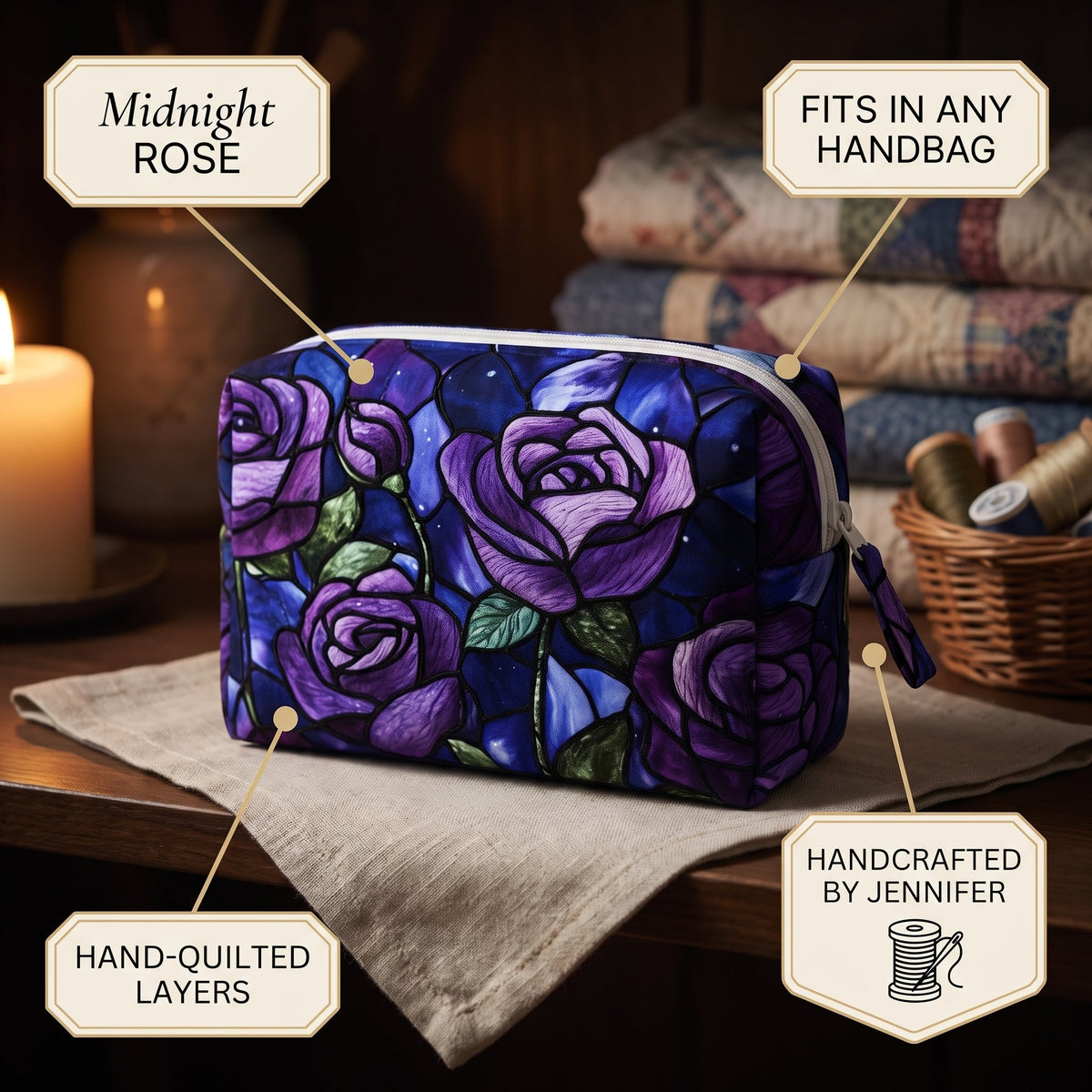 Midnight Rose Quilted Makeup Bag