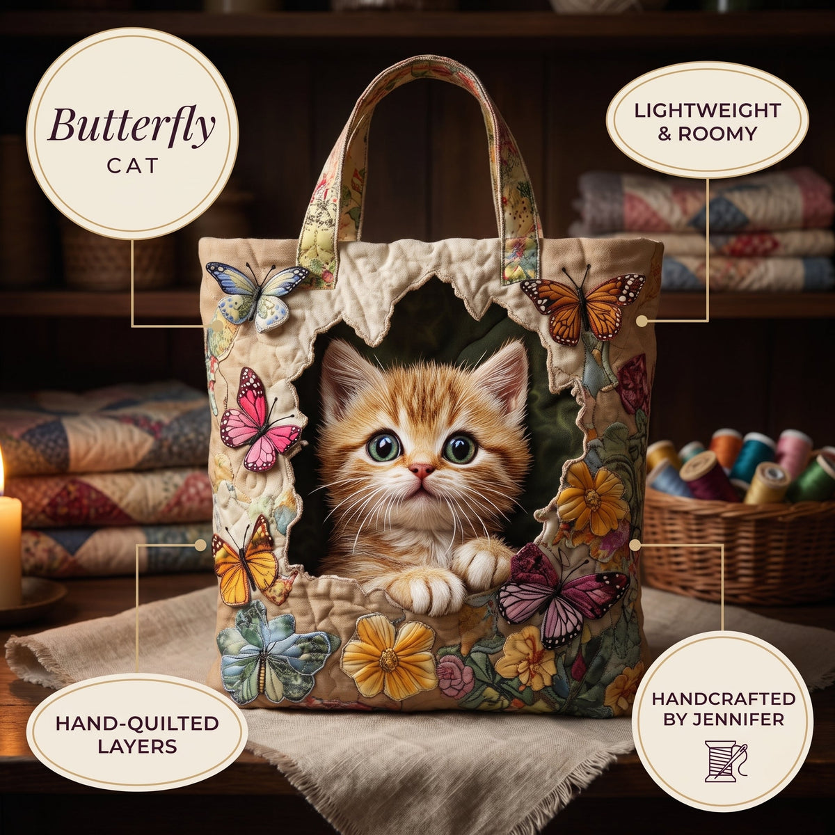 Butterfly Cat Quilted Tote Bag