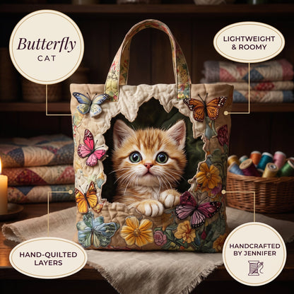 Butterfly Cat Quilted Tote Bag