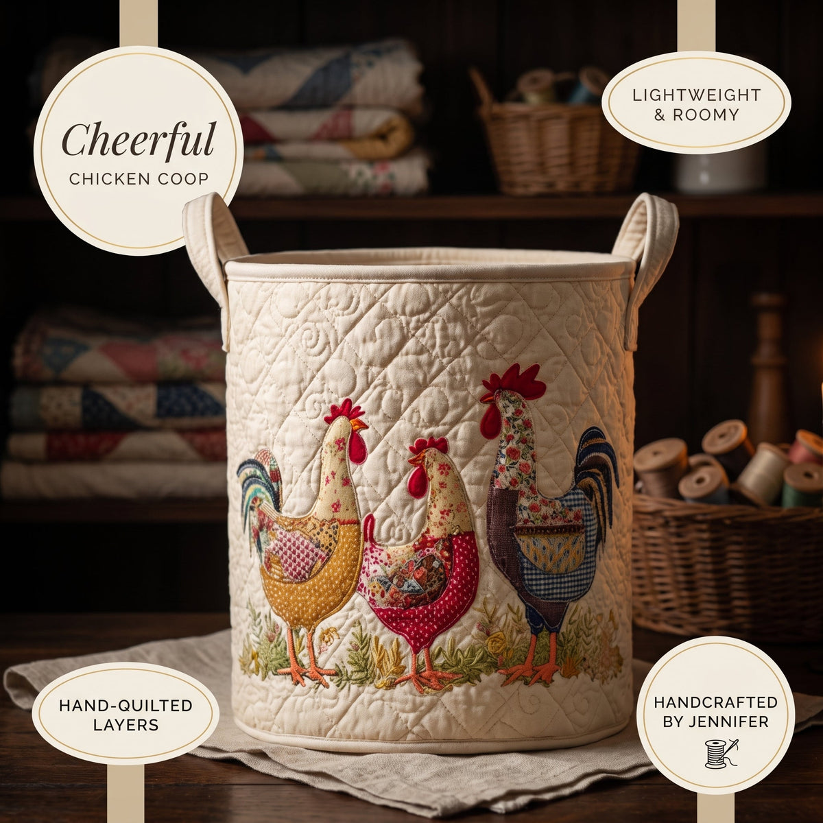Cheerful Chicken Coop Quilted Laundry Basket