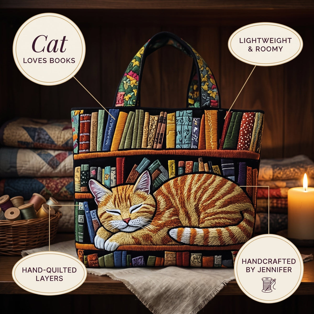 Cat Loves Books Quilted Tote Bag