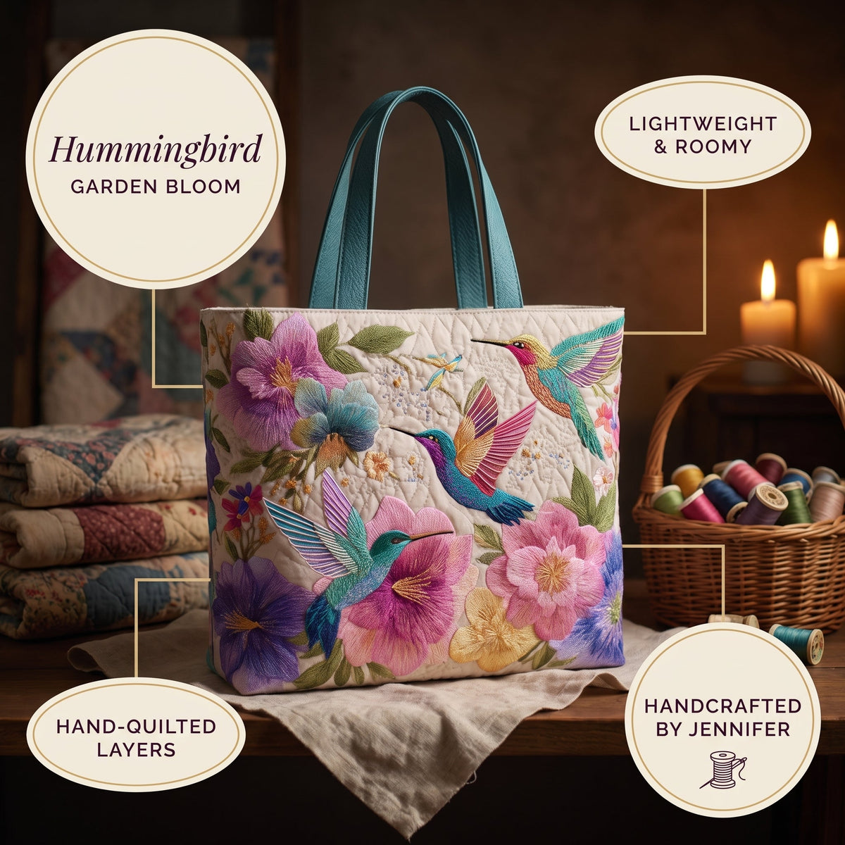 Hummingbird Garden Bloom Quilted Tote Bag