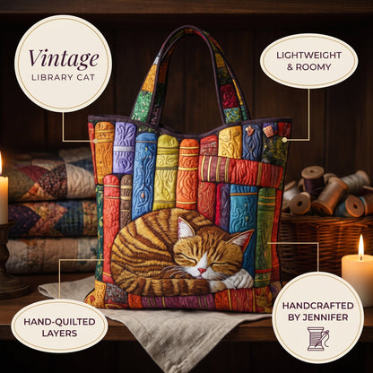 Vintage Library Cat Quilted Tote Bag