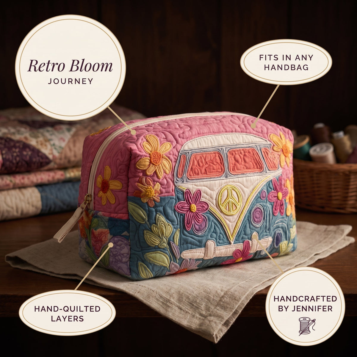 Retro Bloom Journey Quilted Makeup Bag