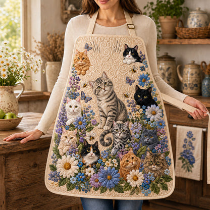 Gewatteerd keukenschort Poes tussen de Bloesems
