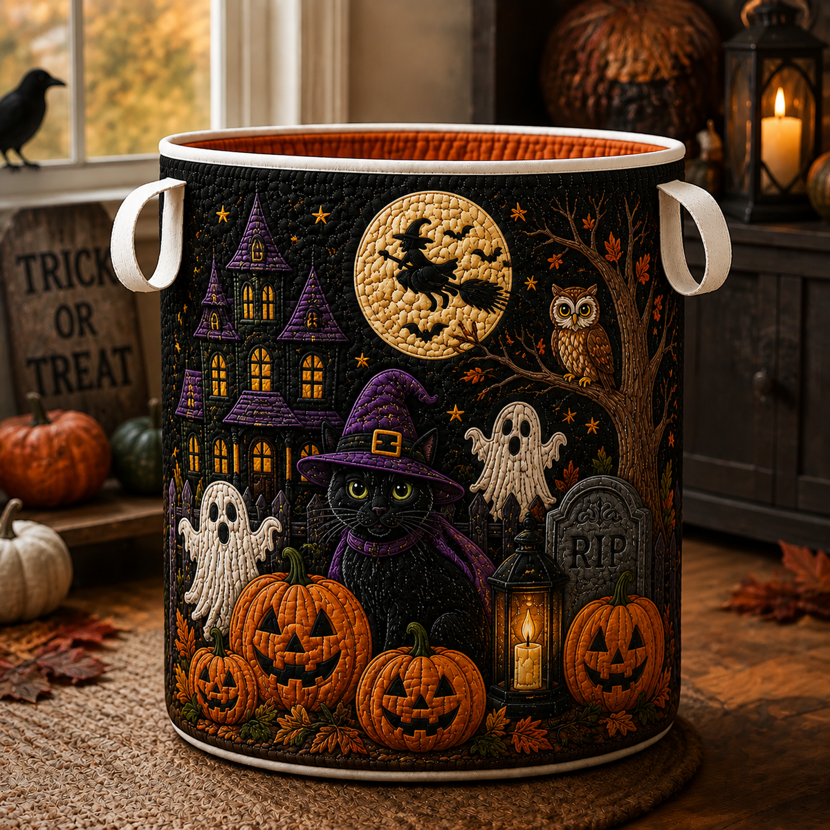 Gevoerde wasmand – Halloween Uil, Spook en Kat
