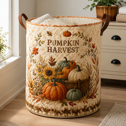 Gestoffe wasmand – Herfst oogst van pompoenen