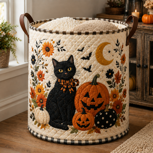 Gevoerde wasmand – Zwarte kat en herfstpompoenen