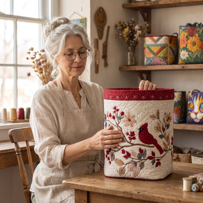 Carmine Leaves Quilted Laundry Basket