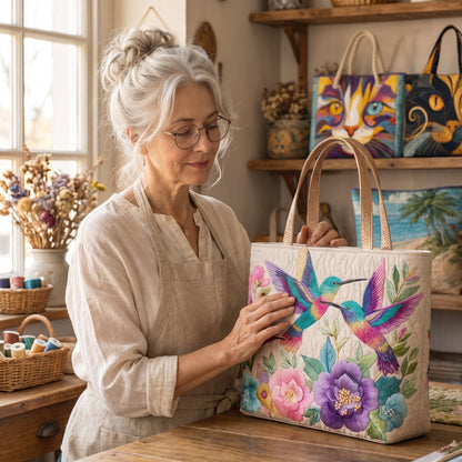 Hummingbird Flower Garden Quilted Tote Bag