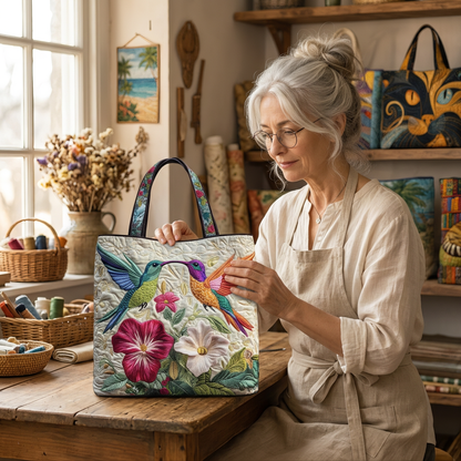 Quilted Bag - Hummingbird and White Flowers