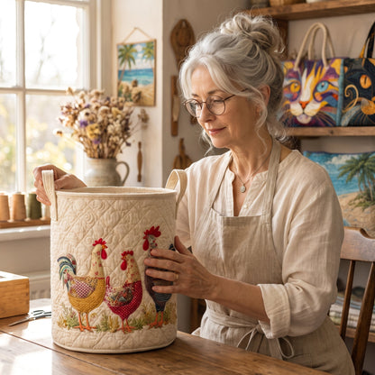 Cheerful Chicken Coop Quilted Laundry Basket