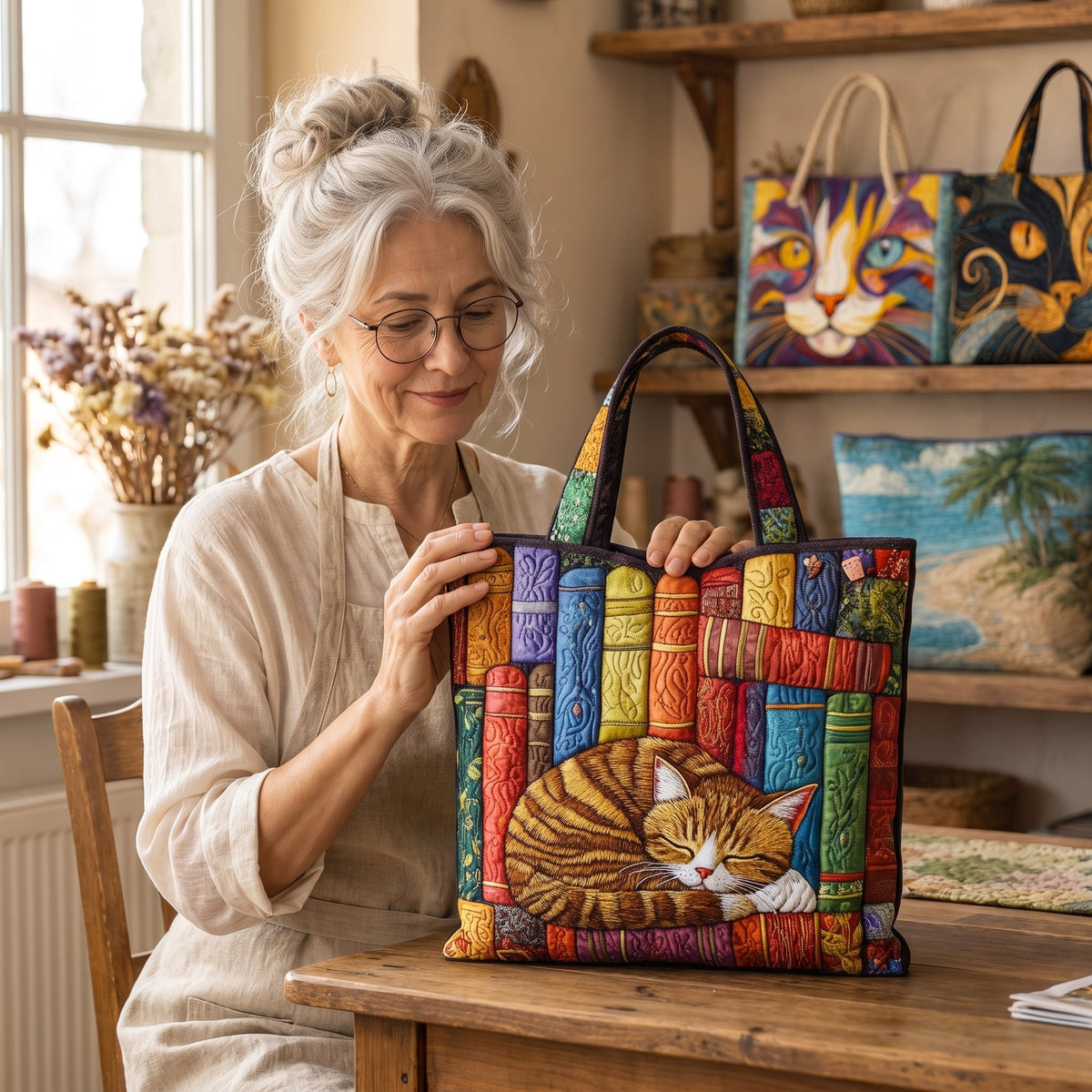 Vintage Library Cat Quilted Tote Bag