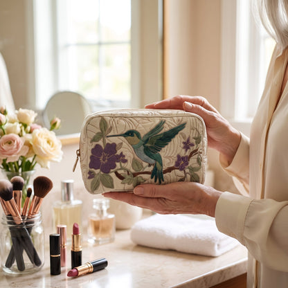 Hummingbird Bloom Quilted Makeup Bag