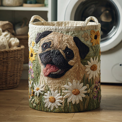 Pug Among the Daisies Quilted Laundry Basket