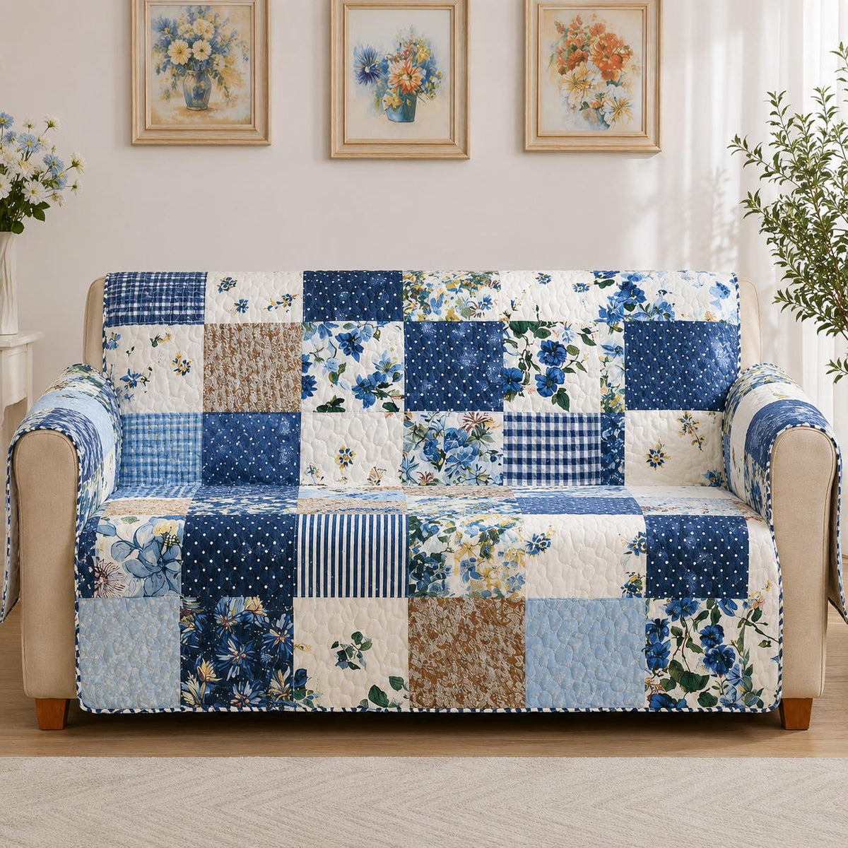 Boerderijhuis Blauwe Bloemen Gequilt Stoelbank LD24