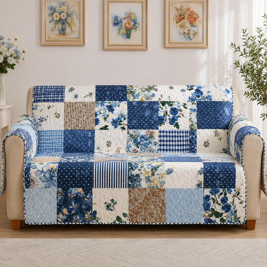 Boerderijhuis Blauwe Bloemen Gequilt Stoelbank LD24