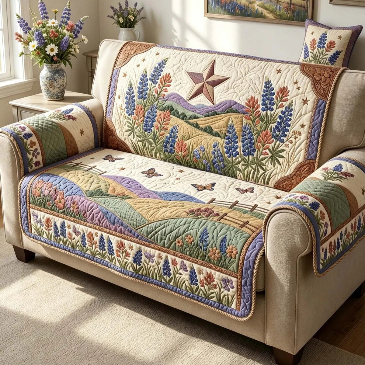 Landelijke Rustieke Bluebonnet Gequilt Sofa LD38