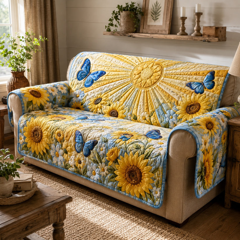 Geel Zonnebloem en Blauwe Vlinder Gequilt Stoelbank LD108