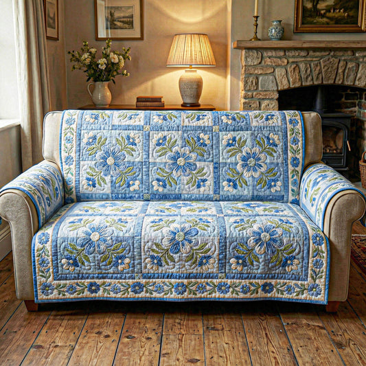 Vintage Blauwe Bloemen Gequilt Zitbank LD126