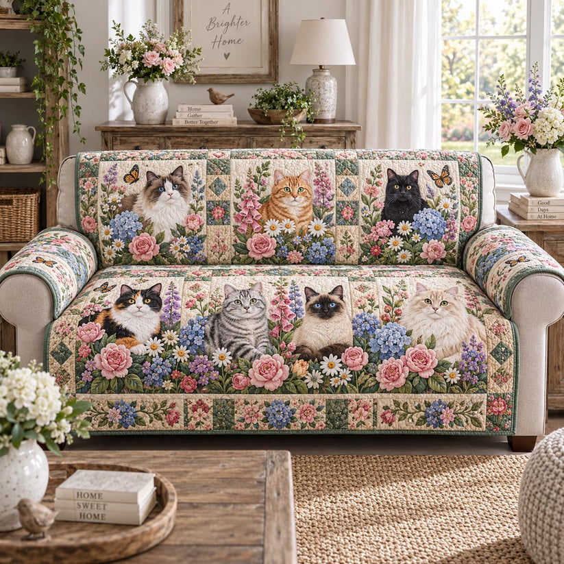 Floral Feline Gathering Gequilt Sofa QV71